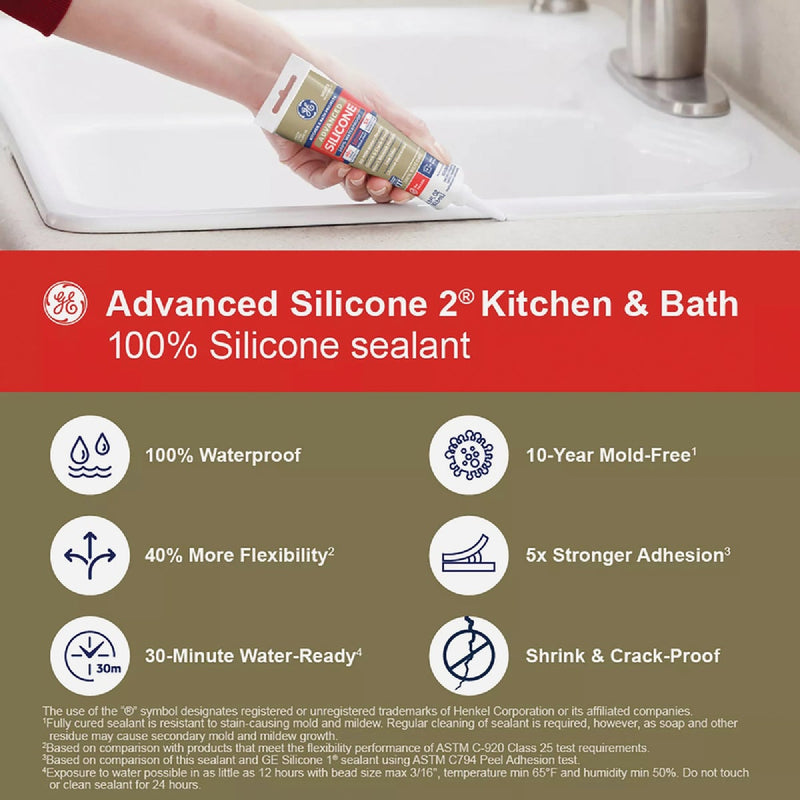 GE Advanced Silicone Kitchen & Bath Sealant, White, 2.8  Oz. Tube