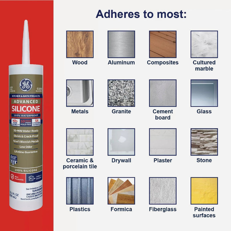 GE Advanced Silicone Kitchen & Bath Sealant, Clear, 10.1  Oz. Cartridge