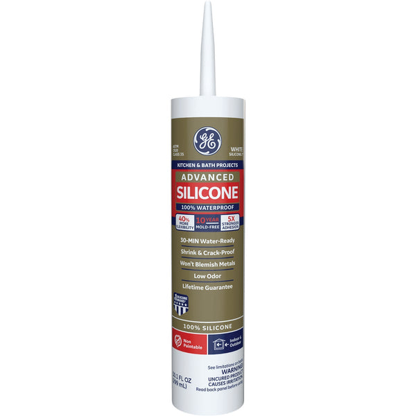 GE Advanced Silicone Kitchen & Bath Sealant, White, 10.1  Oz. Cartridge