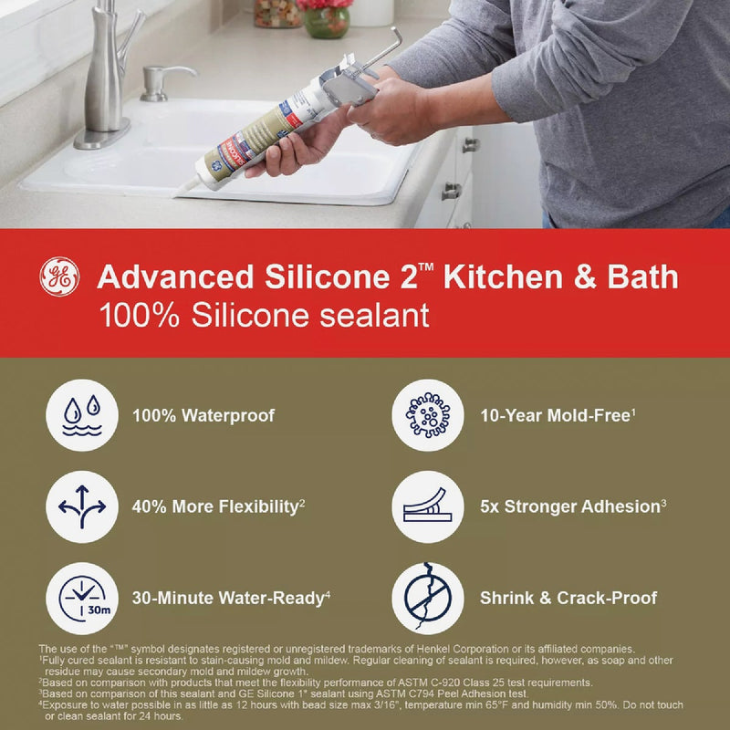 GE Advanced Silicone Kitchen & Bath Sealant, White, 10.1  Oz. Cartridge