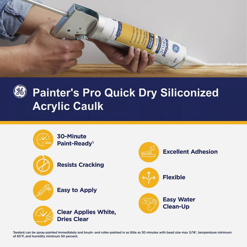 GE Siliconized Acrylic Painters Pro Quick Dry, White Sealant, 10  Oz. Cartridge