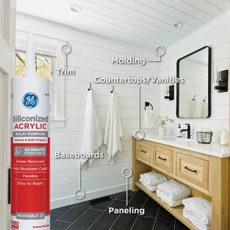 GE Siliconized Acrylic Multipurpose Kitchen & Bath Sealant, White, 10 Oz. Cartridge