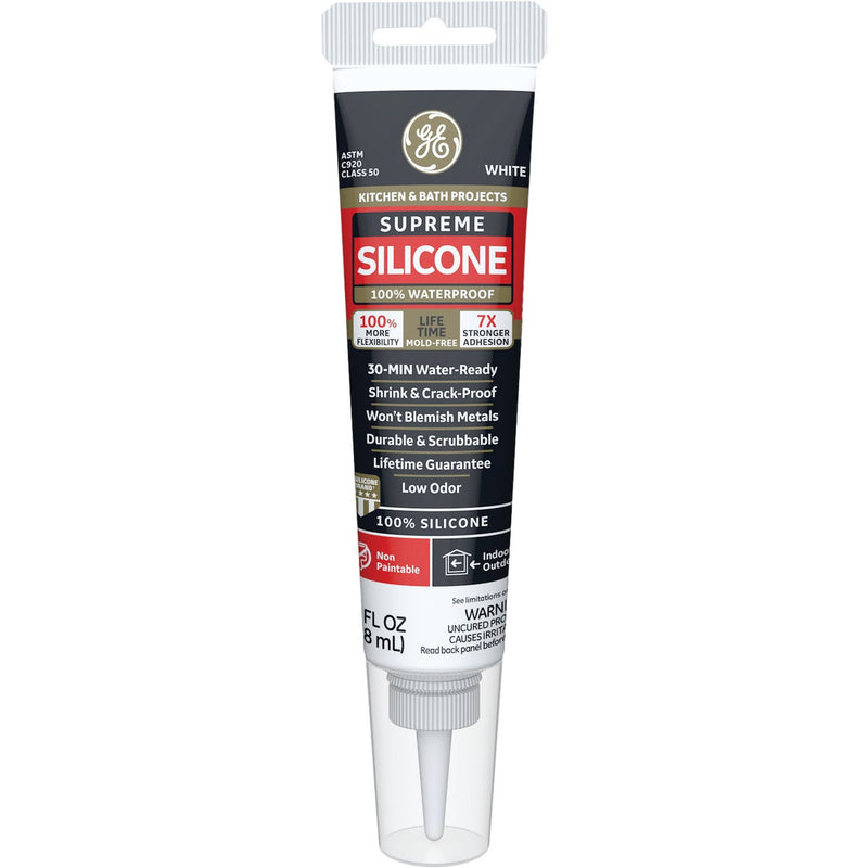 GE Supreme Silicone Kitchen & Bath Sealant, White, 2.8  Oz. Tube