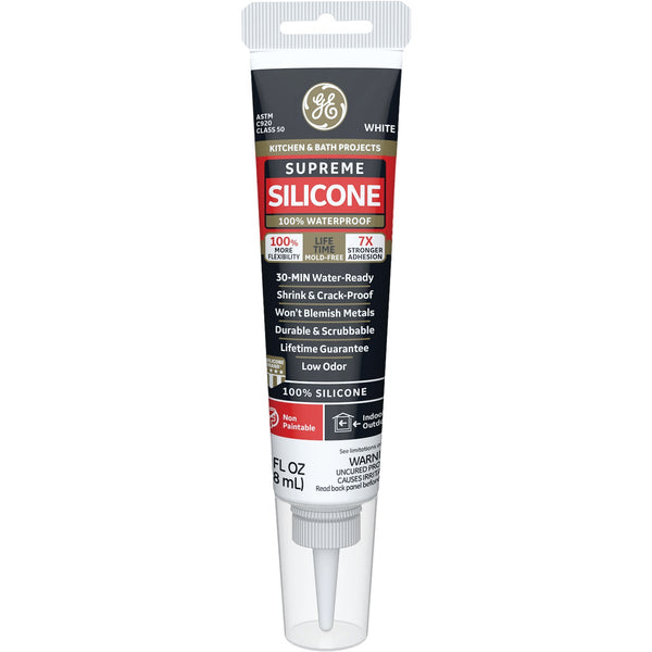 GE Supreme Silicone Kitchen & Bath Sealant, White, 2.8  Oz. Tube