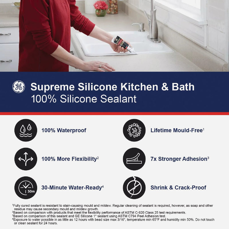 GE Supreme Silicone Kitchen & Bath Sealant, White, 2.8  Oz. Tube