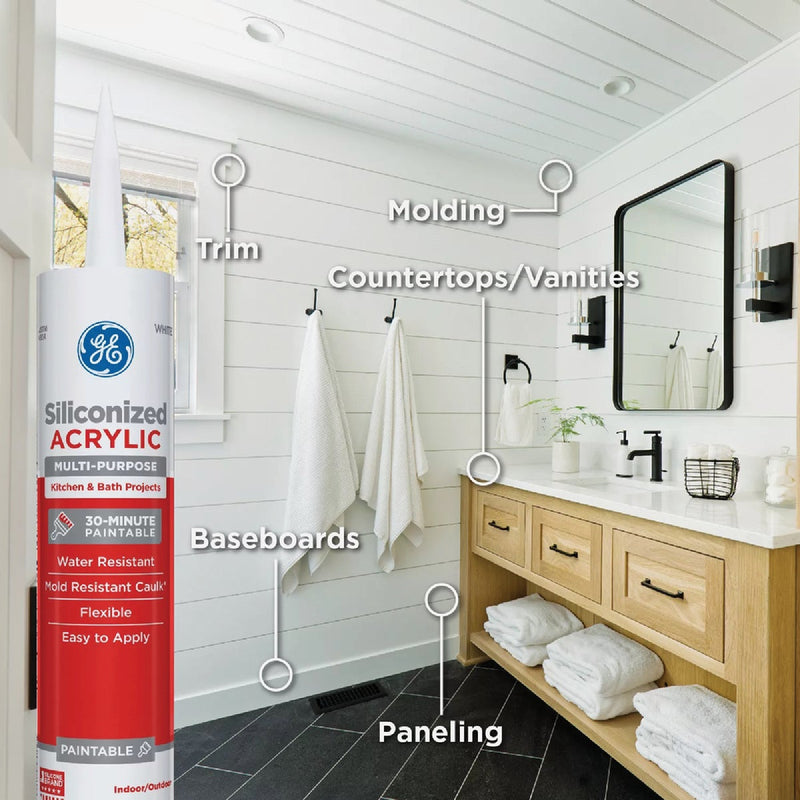 GE Siliconized Acrylic Multipurpose Kitchen & Bath Sealant, Clear, 10 Oz. Cartridge