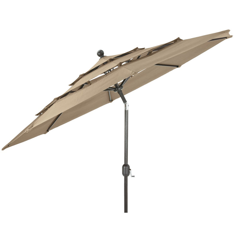 Outdoor Expressions 9 Ft. 3-Tier Tilt/Crank Tan Patio Umbrella