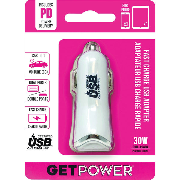 GetPower 30W Dual USB DC Adapter, White