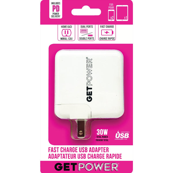 GetPower 30W Dual USB AC Adapter, White