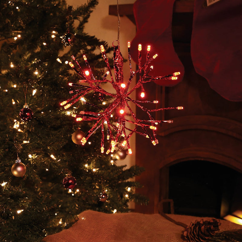 Alpine 10 In. LED 48-Bulb Red Hanging Twig Snowflake Ornament Light Decoration