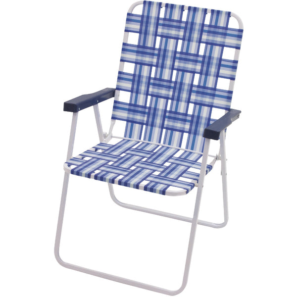 Rio Brands Step-Up Blue & White Polyester Web High-Back Steel Folding Chair