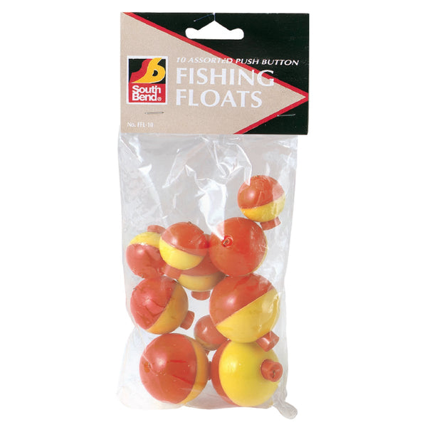 SouthBend Assorted Sizes Fluorescent Yellow & Orange Push-Button Fishing Bobber Float (10-Pack)