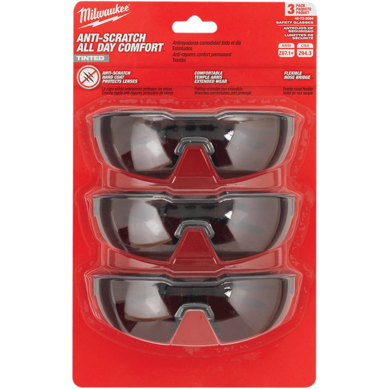 Milwaukee Red & Black Frame Safety Glasses with Tinted Anti-Scratch Lenses (3-Pack)