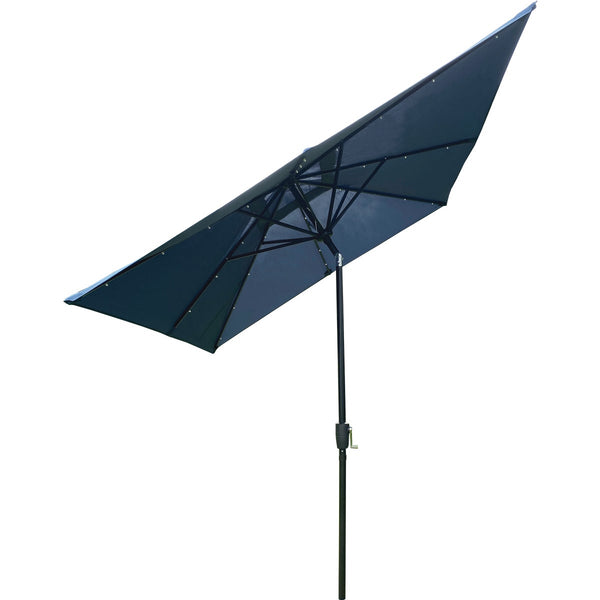 Outdoor Expressions 9 Ft. x 7 Ft. Rectangular Aluminum Tilt/Crank Heather Blue Patio Umbrella with Solar LED Lights