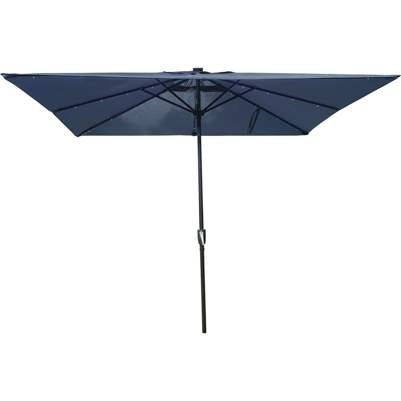 Outdoor Expressions 9 Ft. x 7 Ft. Rectangular Aluminum Tilt/Crank Heather Blue Patio Umbrella with Solar LED Lights
