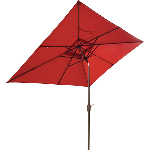 Outdoor Expressions 9 Ft. x 7 Ft. Rectangular Aluminum Tilt/Crank Crimson Red Patio Umbrella with Solar LED Lights