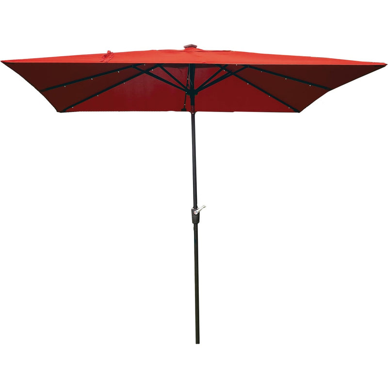 Outdoor Expressions 9 Ft. x 7 Ft. Rectangular Aluminum Tilt/Crank Crimson Red Patio Umbrella with Solar LED Lights