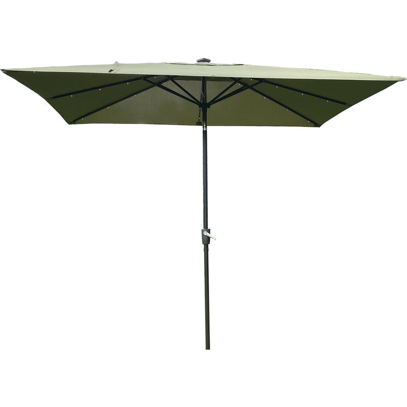 Outdoor Expressions 9 Ft. x 7 Ft. Rectangular Aluminum Tilt/Crank Heather Green Patio Umbrella with Solar LED Lights