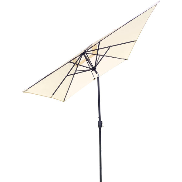 Outdoor Expressions 9 Ft. x 7 Ft. Rectangular Aluminum Tilt/Crank Cream Patio Umbrella with Solar LED Lights