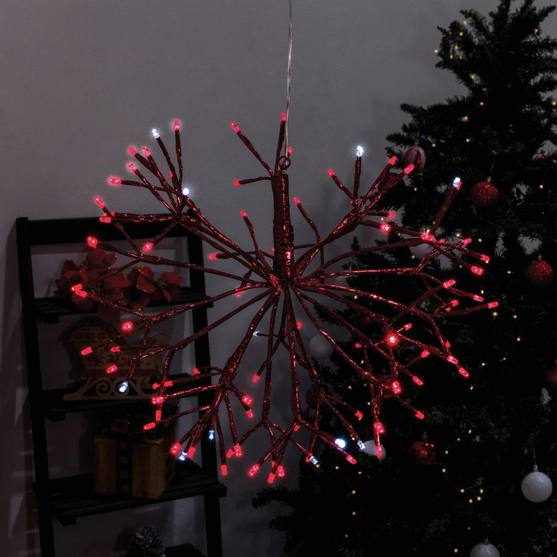 Alpine 16 In. LED 96-Bulb Red Hanging Twig Snowflake Ornament Light Decoration