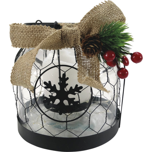 Alpine 7 In. W. x 6 In. H. x 7 In. L. LED Snowflake Lantern with Chicken Wire Holiday Decoration