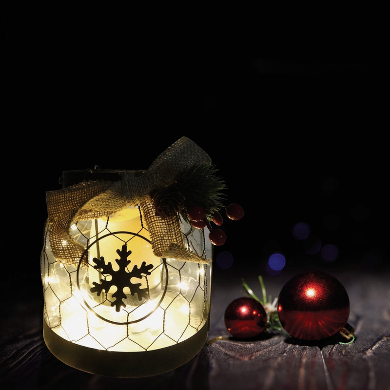 Alpine 7 In. W. x 6 In. H. x 7 In. L. LED Snowflake Lantern with Chicken Wire Holiday Decoration