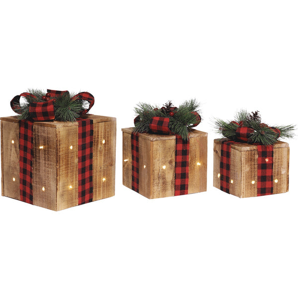 Alpine Warm White LED Rustic Wood with Red Plaid Ribbon Christmas Gift Box Set (3-Piece)