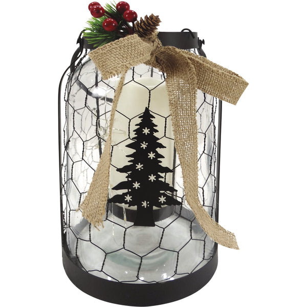 Alpine 7 In. W. x 11 In. H. x 7 In. L. LED Christmas Tree Lantern with Chicken Wire Holiday Decoration