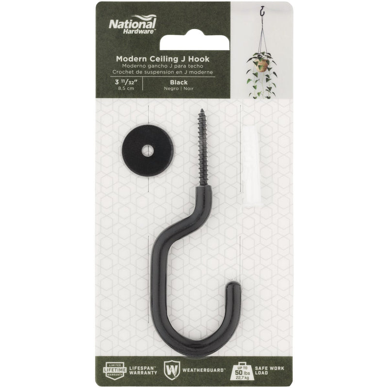 National 2682 3-11/32 In. Black Steel  Modern Ceiling J-Hook Plant Hanger