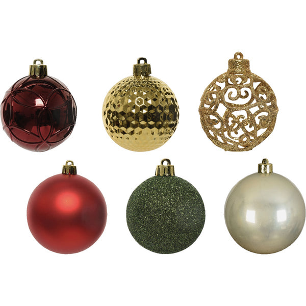 Decoris 2.4 In. Shatterproof Pearl, Oxblood, Pine Green, Light Gold, Christmas Red Bauble Christmas Ornament (37-Pack)