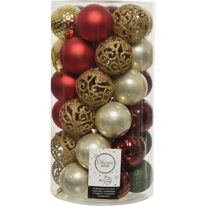 Decoris 2.4 In. Shatterproof Pearl, Oxblood, Pine Green, Light Gold, Christmas Red Bauble Christmas Ornament (37-Pack)
