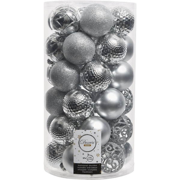 Decoris 2.4 In. Shatterproof Silver Bauble Christmas Ornament (37-Pack)