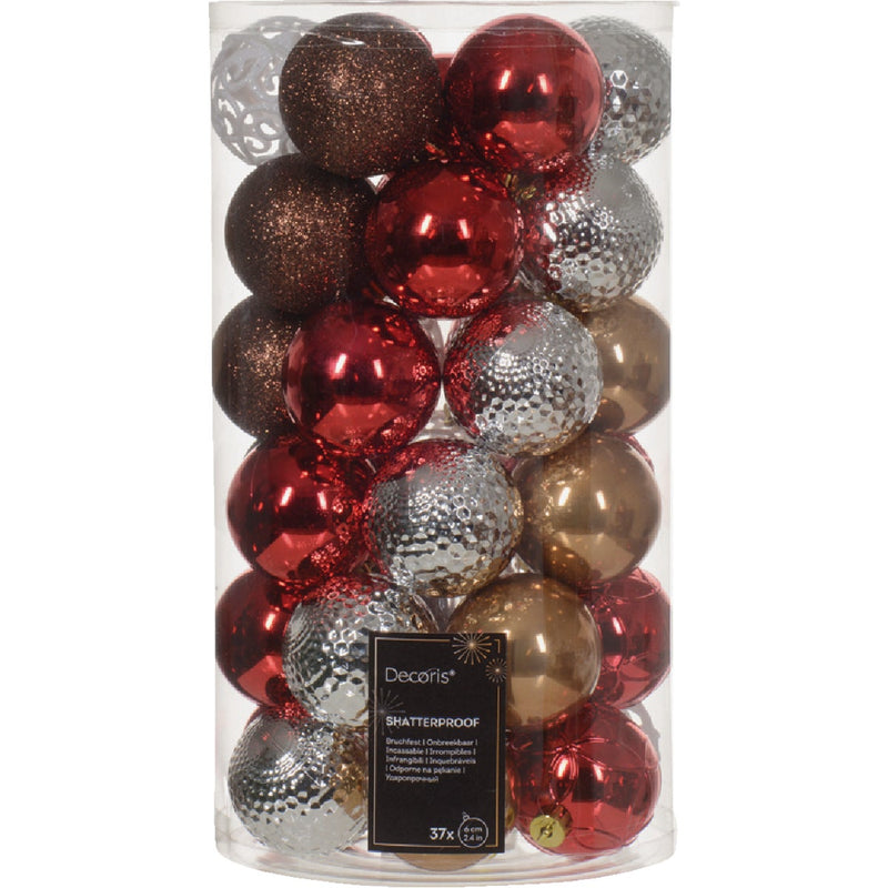 Decoris 2.4 In. Shatterproof Christmas Red, Espresso, Winter White, Ginger Brown, Silver Bauble Christmas Ornament (37-Pack)