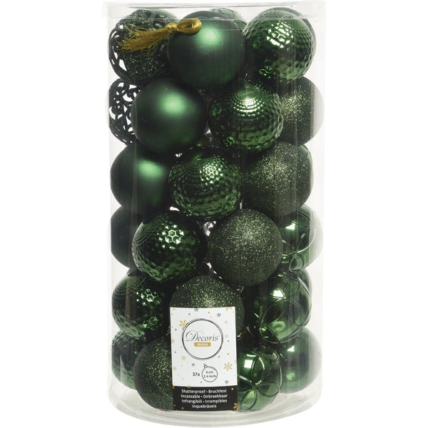 Decoris 2.4 In. Shatterproof Pine Green Bauble Christmas Ornament (37-Pack)