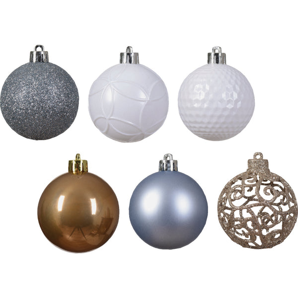 Decoris 2.4 In. Shatterproof Sparkling Rose, Pearl, Winter White, Hazy Blue Bauble Christmas Ornament (37-Pack)