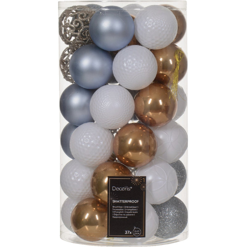 Decoris 2.4 In. Shatterproof Sparkling Rose, Pearl, Winter White, Hazy Blue Bauble Christmas Ornament (37-Pack)
