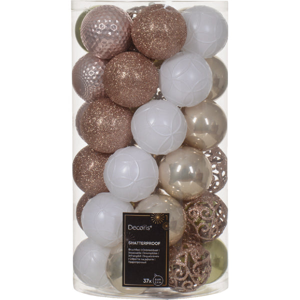 Decoris 2.4 In. Shatterproof Pearl, Sparkling Rose, Pistachio, Winter White, Blush Pink Bauble Christmas Ornament (37-Pack)