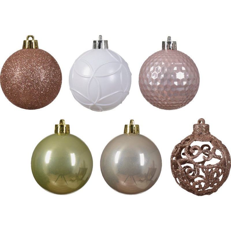 Decoris 2.4 In. Shatterproof Pearl, Sparkling Rose, Pistachio, Winter White, Blush Pink Bauble Christmas Ornament (37-Pack)