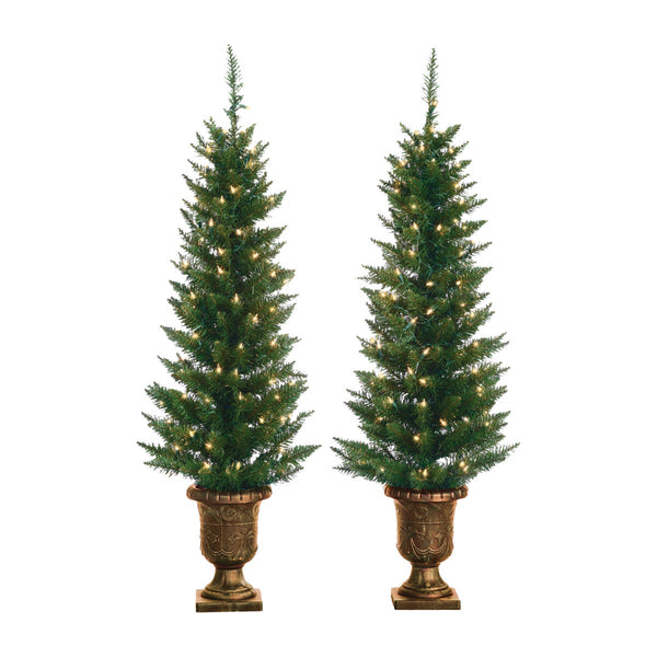 Gerson 4 Ft. Potted Cedar Pine 100-Bulb Clear Incandescent Prelit Artificial Christmas Tree (Set of 2)