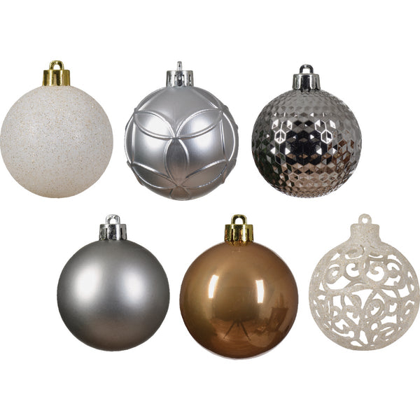 Decoris 2.4 In. Shatterproof Ginger Brown, Wool White, Marble Gray, Silver Bauble Christmas Ornament (37-Pack)