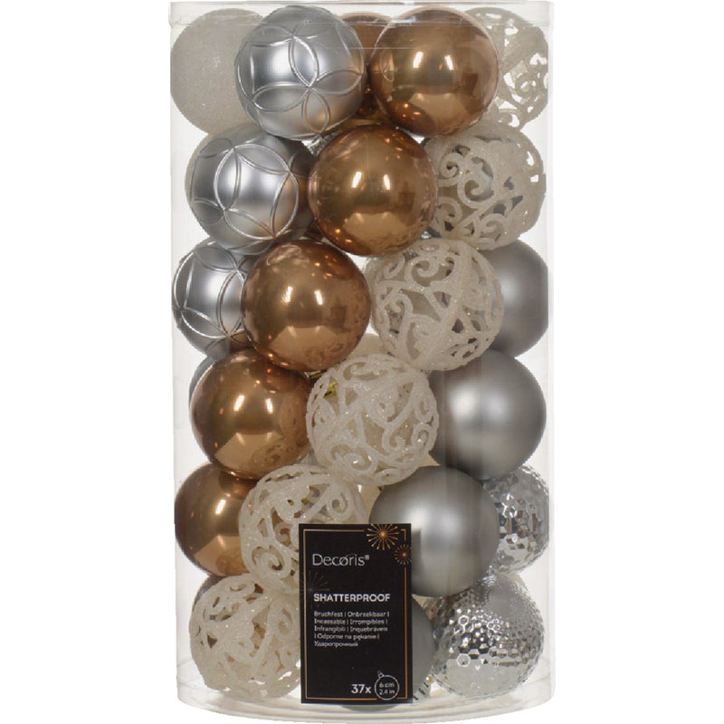 Decoris 2.4 In. Shatterproof Ginger Brown, Wool White, Marble Gray, Silver Bauble Christmas Ornament (37-Pack)